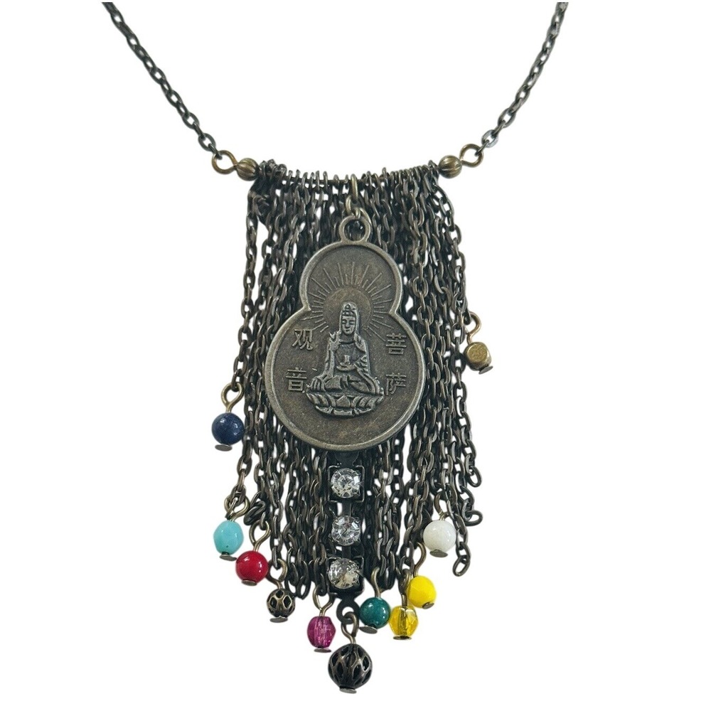 VTG Y2K Buddha Necklace Artisan Signed BBB Collar‎ Modernist Glass Tassel Chain